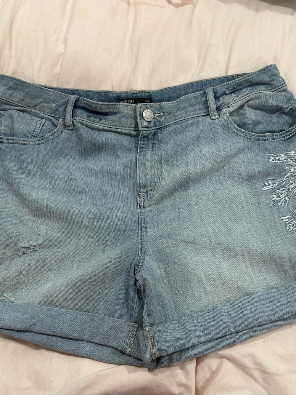 Simply Vera Vera Wang Light Blue Denim Embroidered Cuffed Shorts